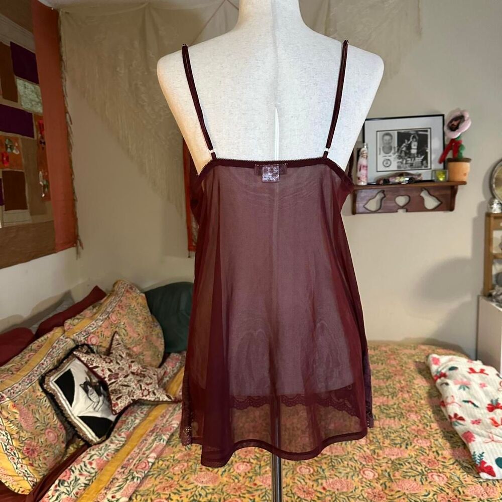 SeductiveWear 90s Burgundy Sheer Lace Floral Embroidered Mini Slip Dress - Picture 4 of 5